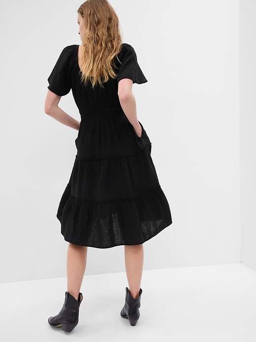2 of 8 showing, with the color black of product Crinkle Gauze Tiered Midi Dress