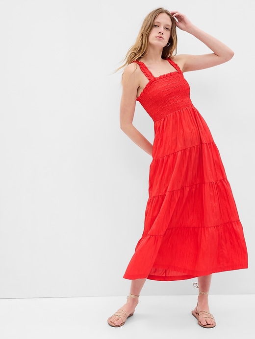 1 of 8 showing, with the color tomato red of product Smocked Tiered Maxi Dress
