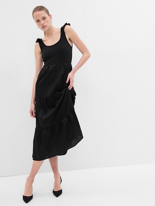 Image number 1 showing, Flutter Sleeve Mixed Fabric Maxi Dress