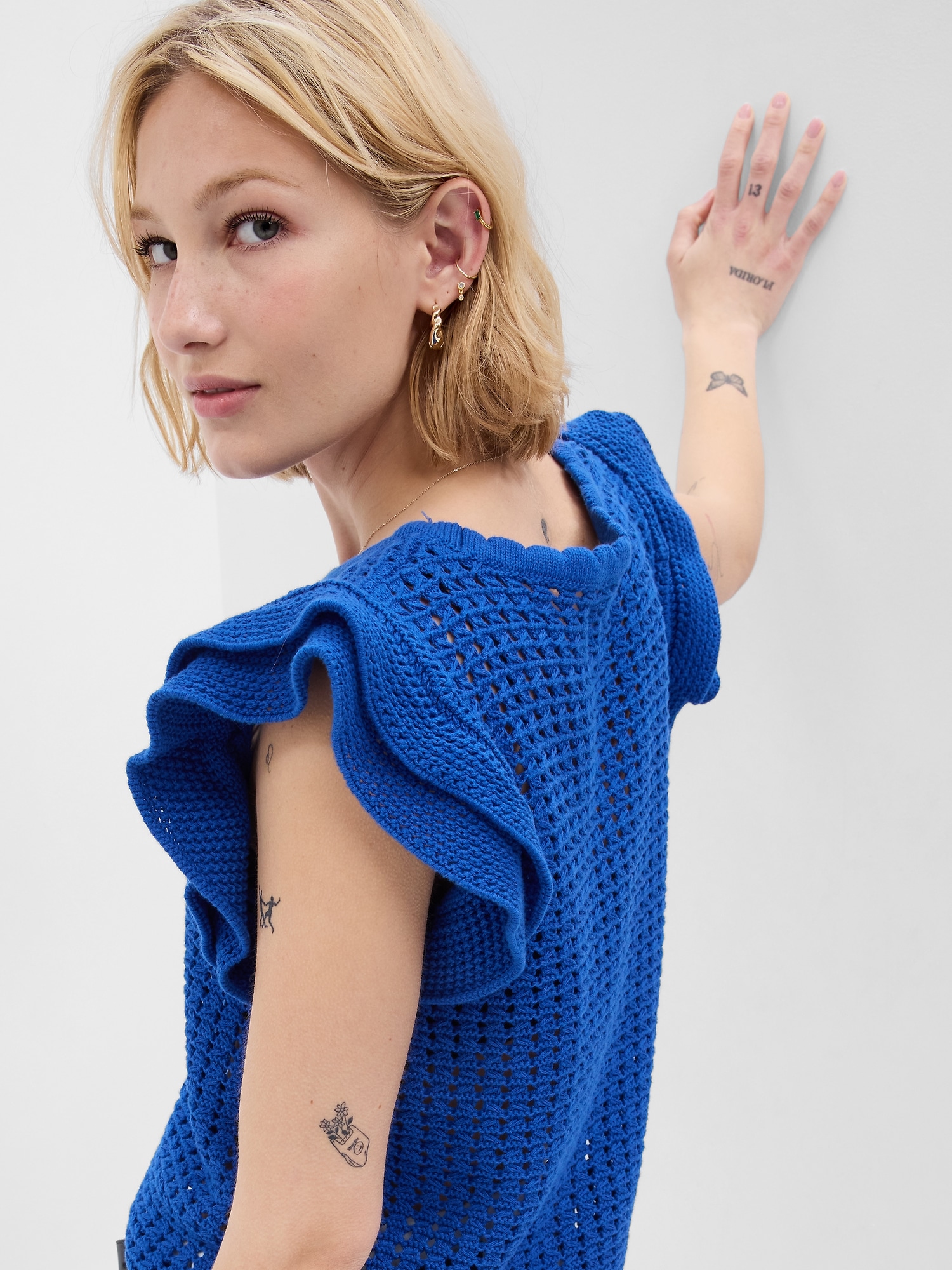Flutter Sleeve Crochet Sweater | Gap