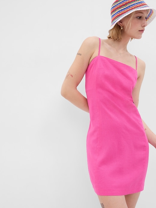 1 of 8 showing, with the color sizzling fuchsia pink of product Linen-Blend Mini Dress