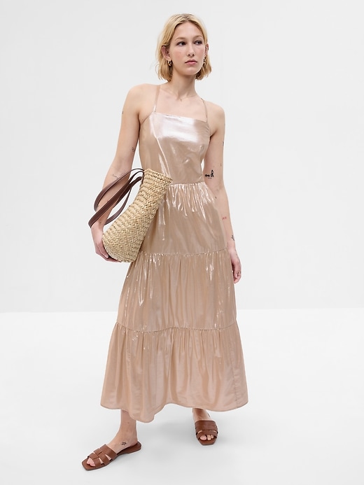 1 of 8 showing, with the color gold metallic of product Metallic Tie-Back Tiered Maxi Dress
