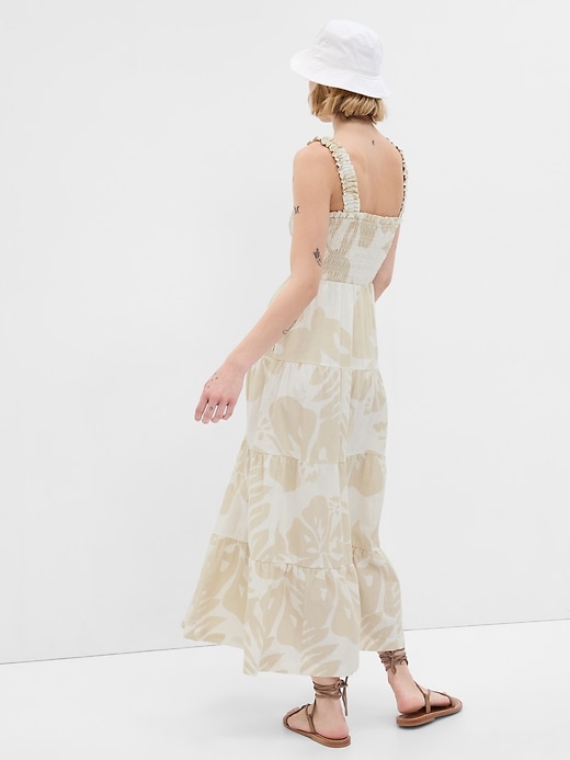 2 of 8 showing, with the color khaki tan floral print of product Linen-Blend Tiered Maxi Dress