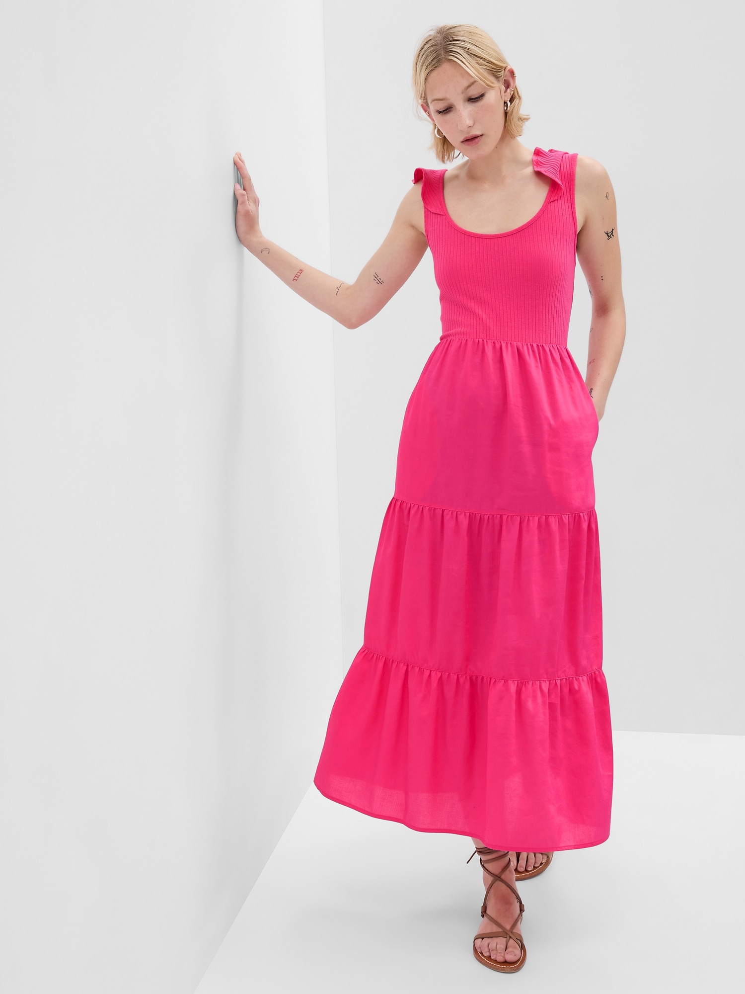 Flutter Sleeve Mixed Fabric Maxi Dress Gap