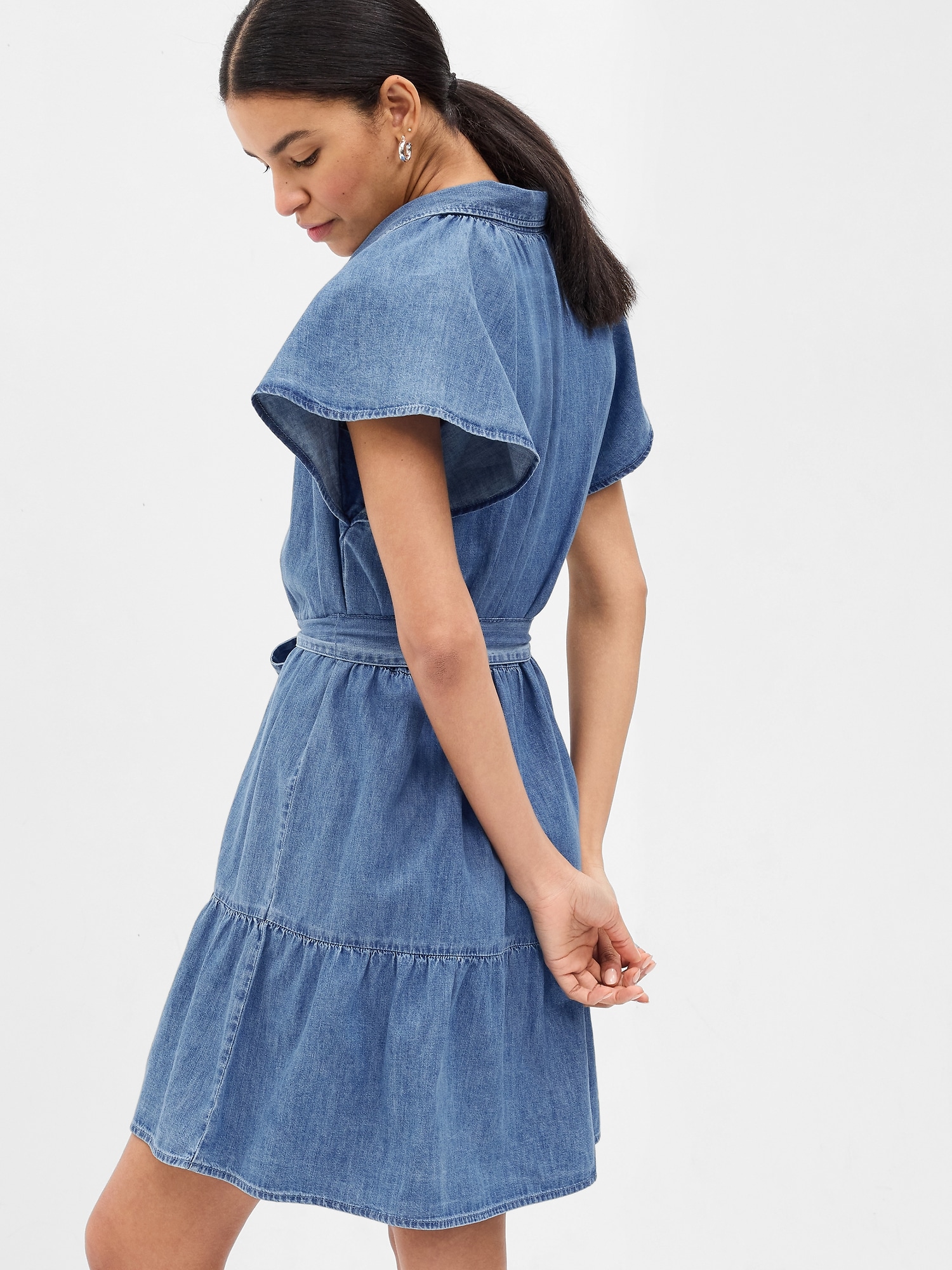 100% Organic Cotton Denim Flutter Sleeve Mini Shirtdress | Gap