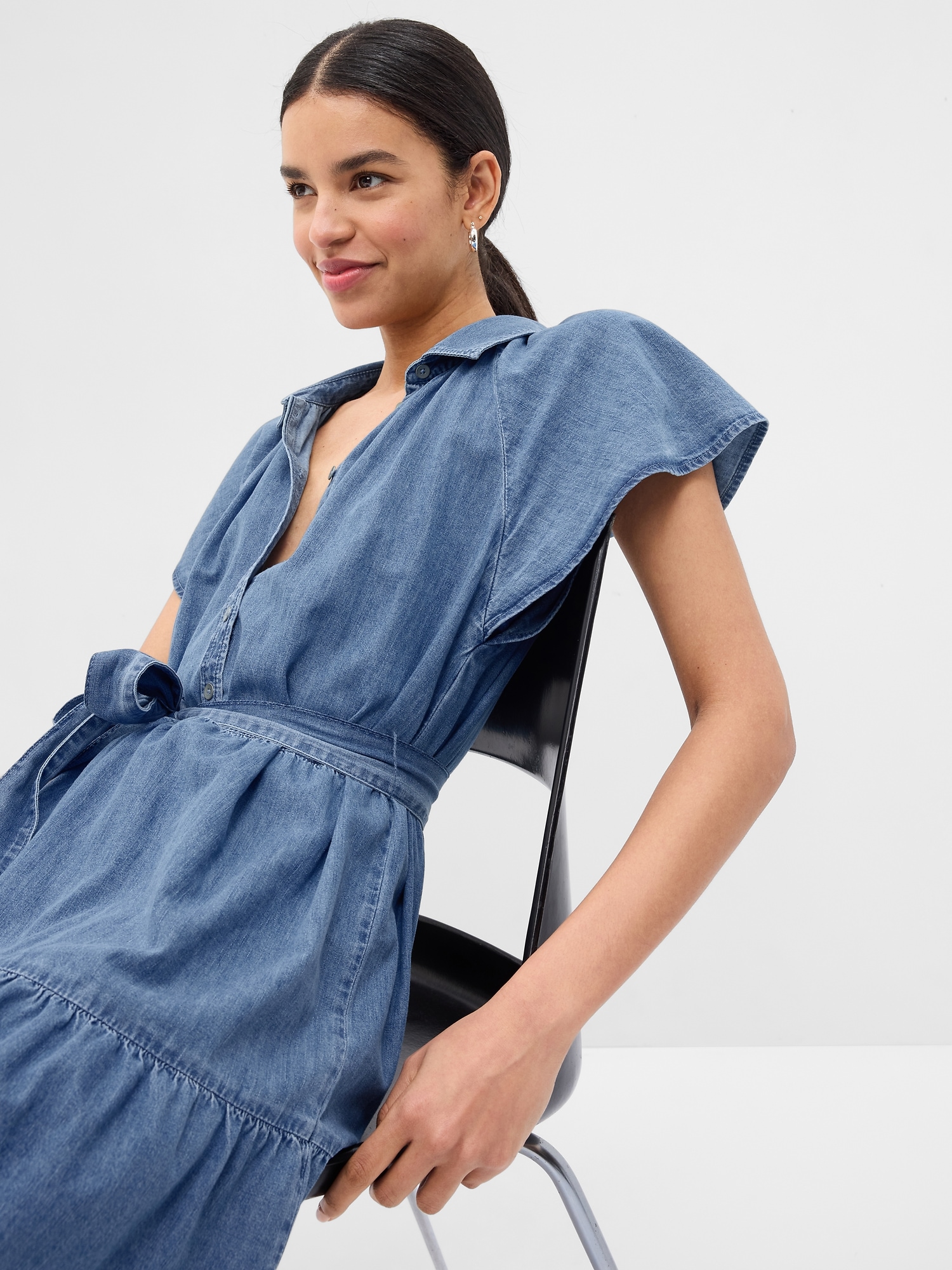 100% Organic Cotton Denim Flutter Sleeve Mini Shirtdress | Gap