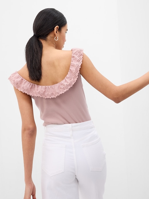 2 of 8 showing, with the color fawn beige pink of product Eyelet Ruffle Neck Rib Tank Top