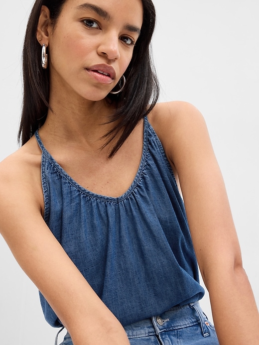 Image number 1 showing, 100% Organic Cotton Denim Halter Tank Top with Washwell