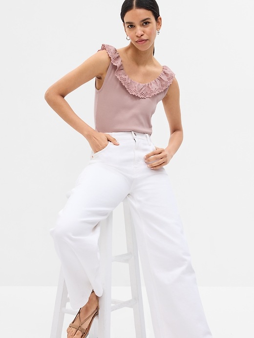 1 of 8 showing, with the color fawn beige pink of product Eyelet Ruffle Neck Rib Tank Top