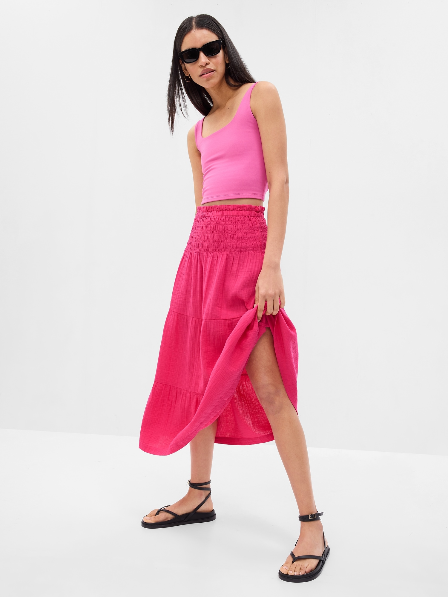 Smocked Tiered Midi Skirt Gap