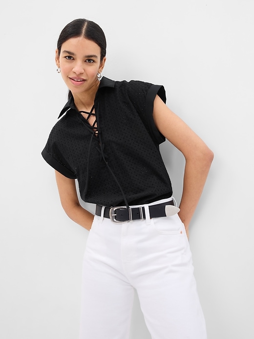 Image number 1 showing, Lace-Up Eyelet Dolman Shirt