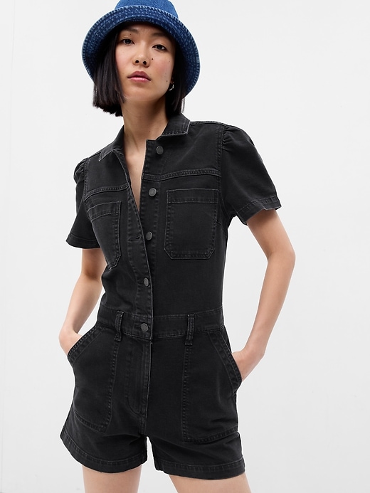 1 of 8 showing, with the color black wash of product Puff Sleeve Denim Romper