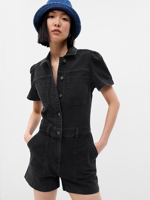 Image number 7 showing, Puff Sleeve Denim Romper