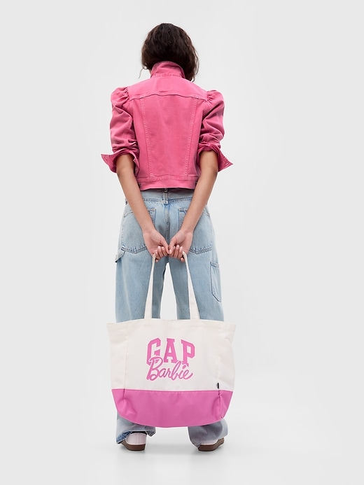 2 of 8 showing, with the color phlox pink of product Gap × Barbie™ Adult Puff Sleeve Icon Denim Jacket