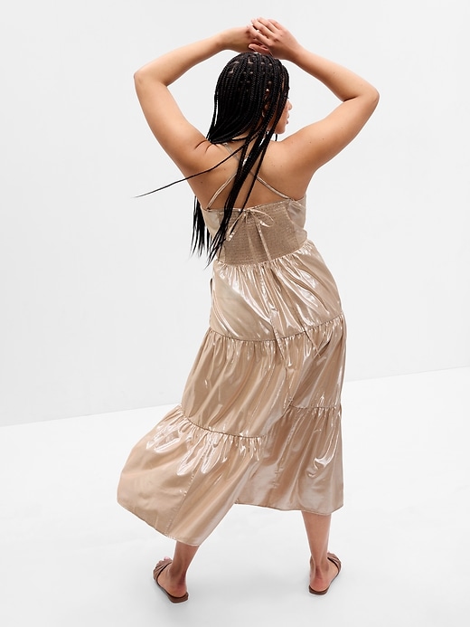 Metallic Tie-Back Tiered Maxi Dress