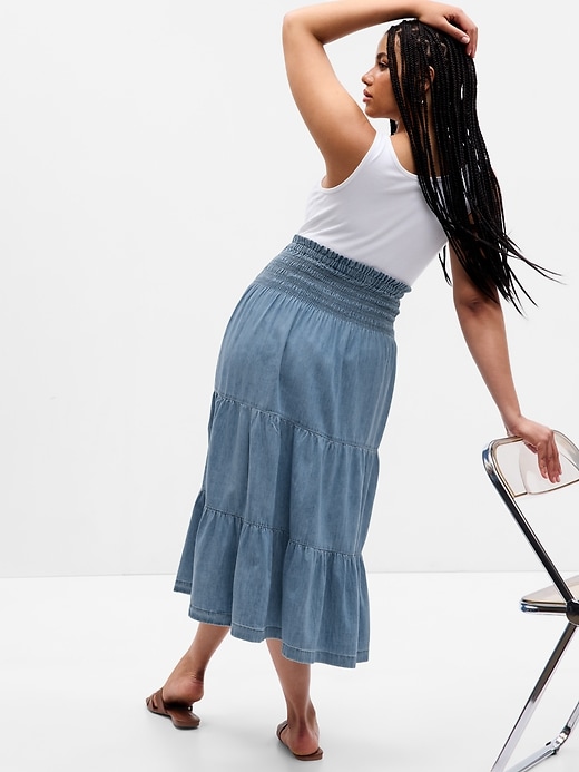 Image number 5 showing, Smocked Tiered Denim Midi Skirt with Washwell
