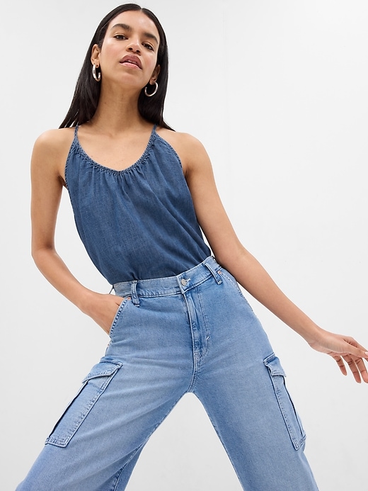 Image number 3 showing, 100% Organic Cotton Denim Halter Tank Top with Washwell