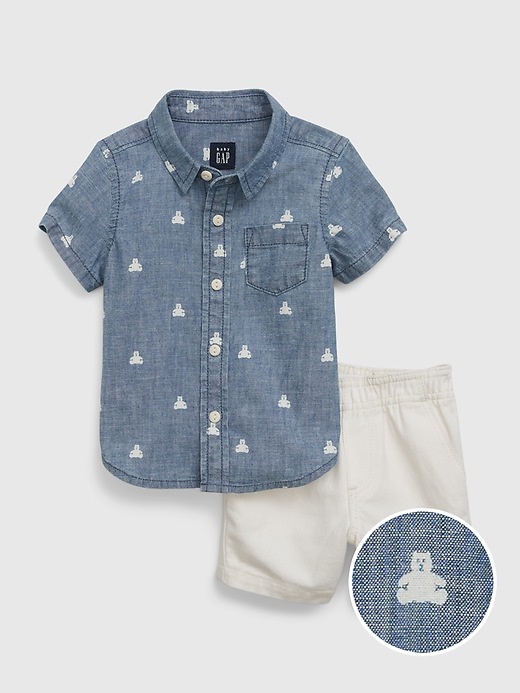 1 of 8 showing, with the color multi blue white of product Baby Chambray Brannan Bear Outfit Set