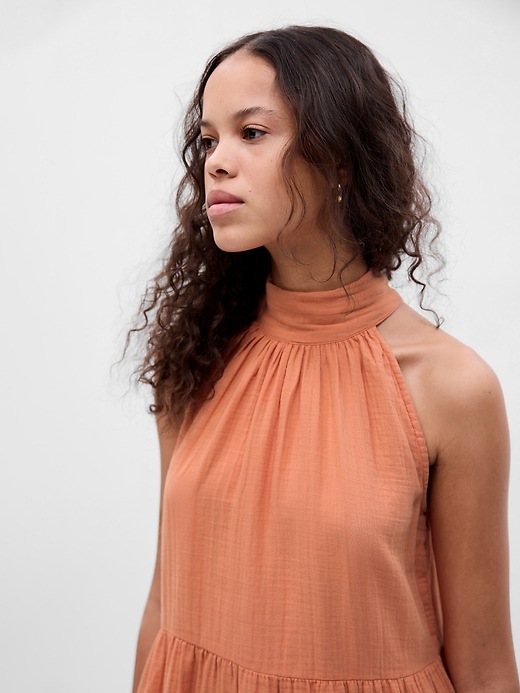 Image number 4 showing, Crinkle Gauze Halter Tiered Mini Dress