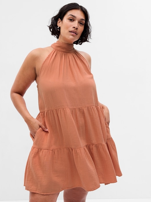 Image number 5 showing, Crinkle Gauze Halter Tiered Mini Dress