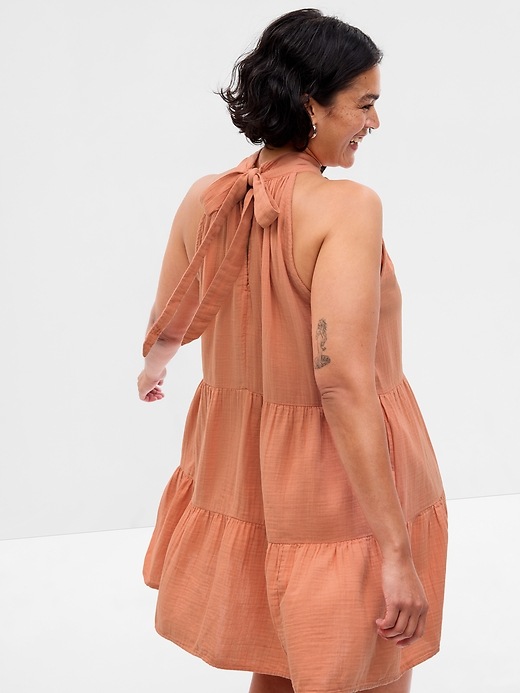 Image number 6 showing, Crinkle Gauze Halter Tiered Mini Dress