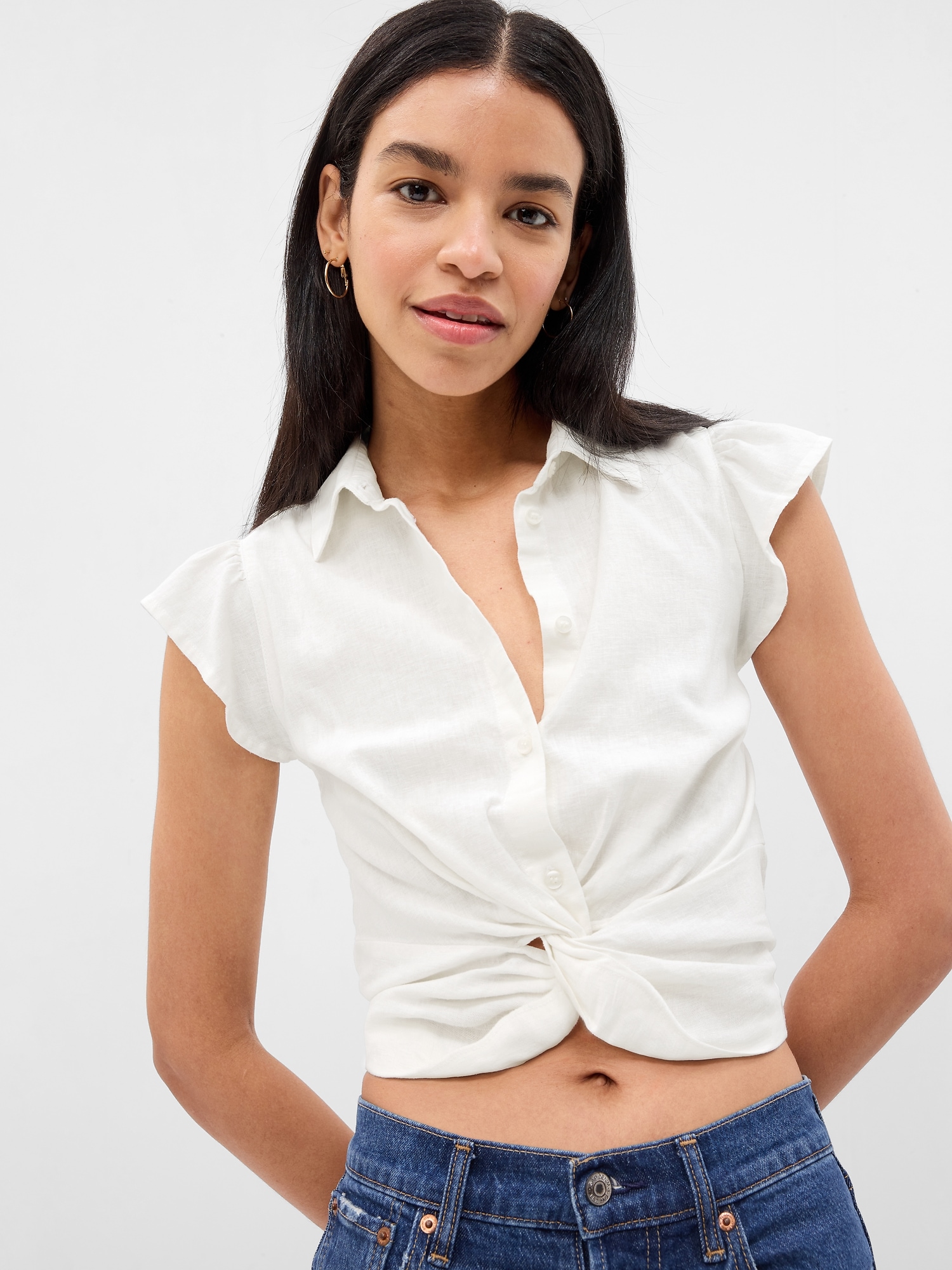Linen Blend Cropped Twist Front Shirt Gap