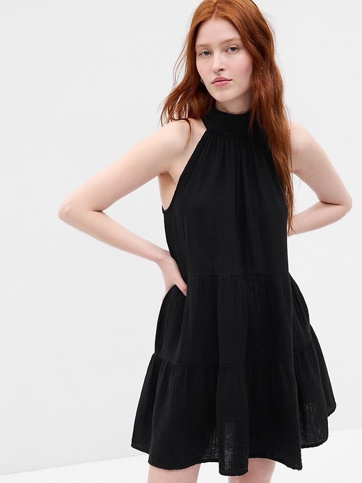 Image number 1 showing, Crinkle Gauze Halter Tiered Mini Dress