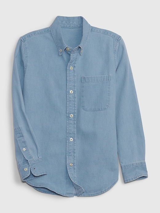 1 of 8 showing, with the color BLUE CHAMBRAY of product Kids Chambray Button-Up Shirt