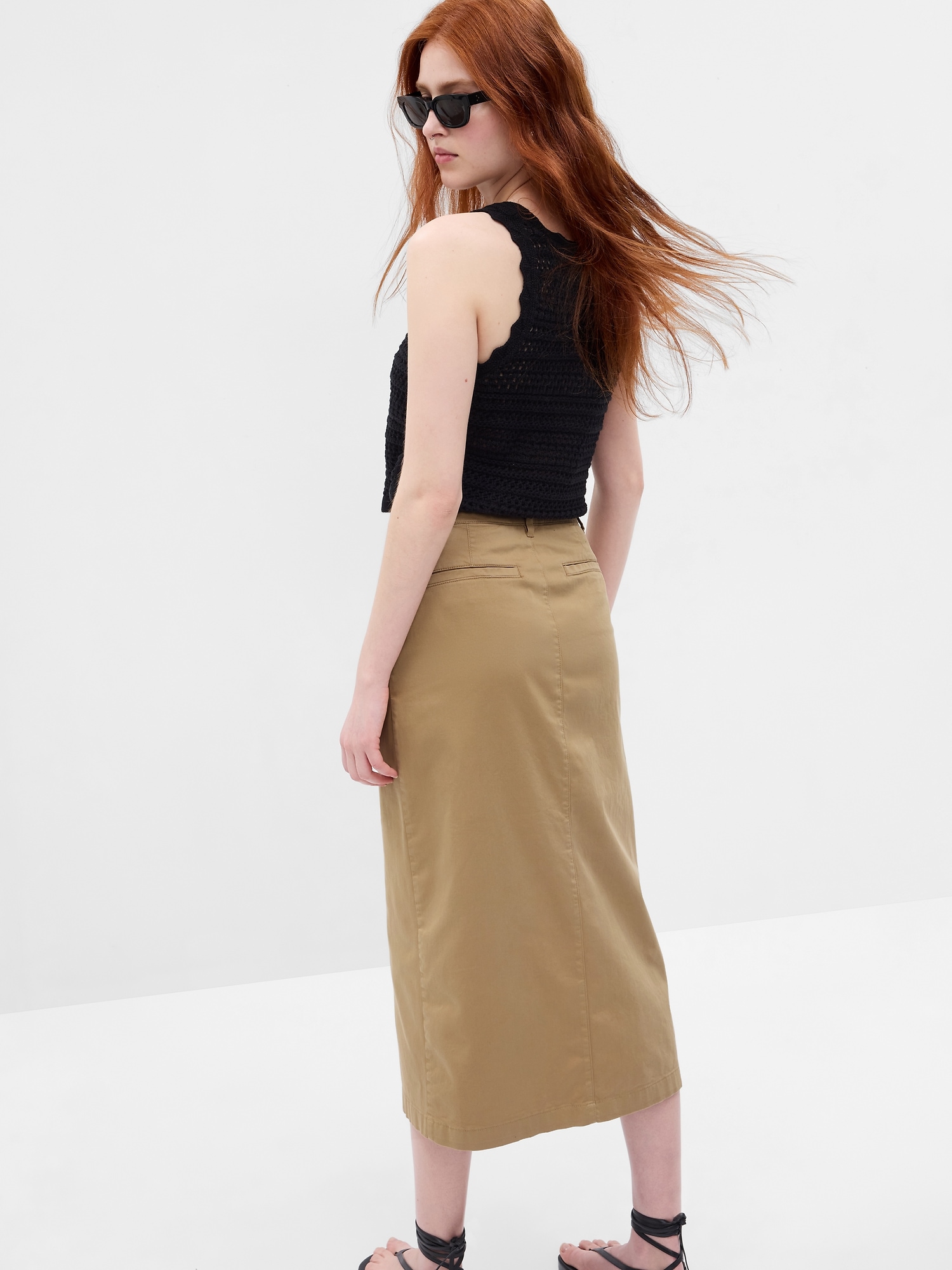 High Rise Pencil Khaki Midi Skirt with Washwell | Gap