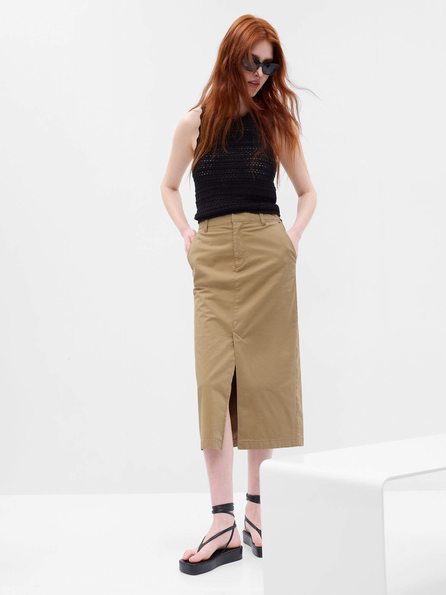 High Rise Pencil Khaki Midi Skirt with Washwell | Gap