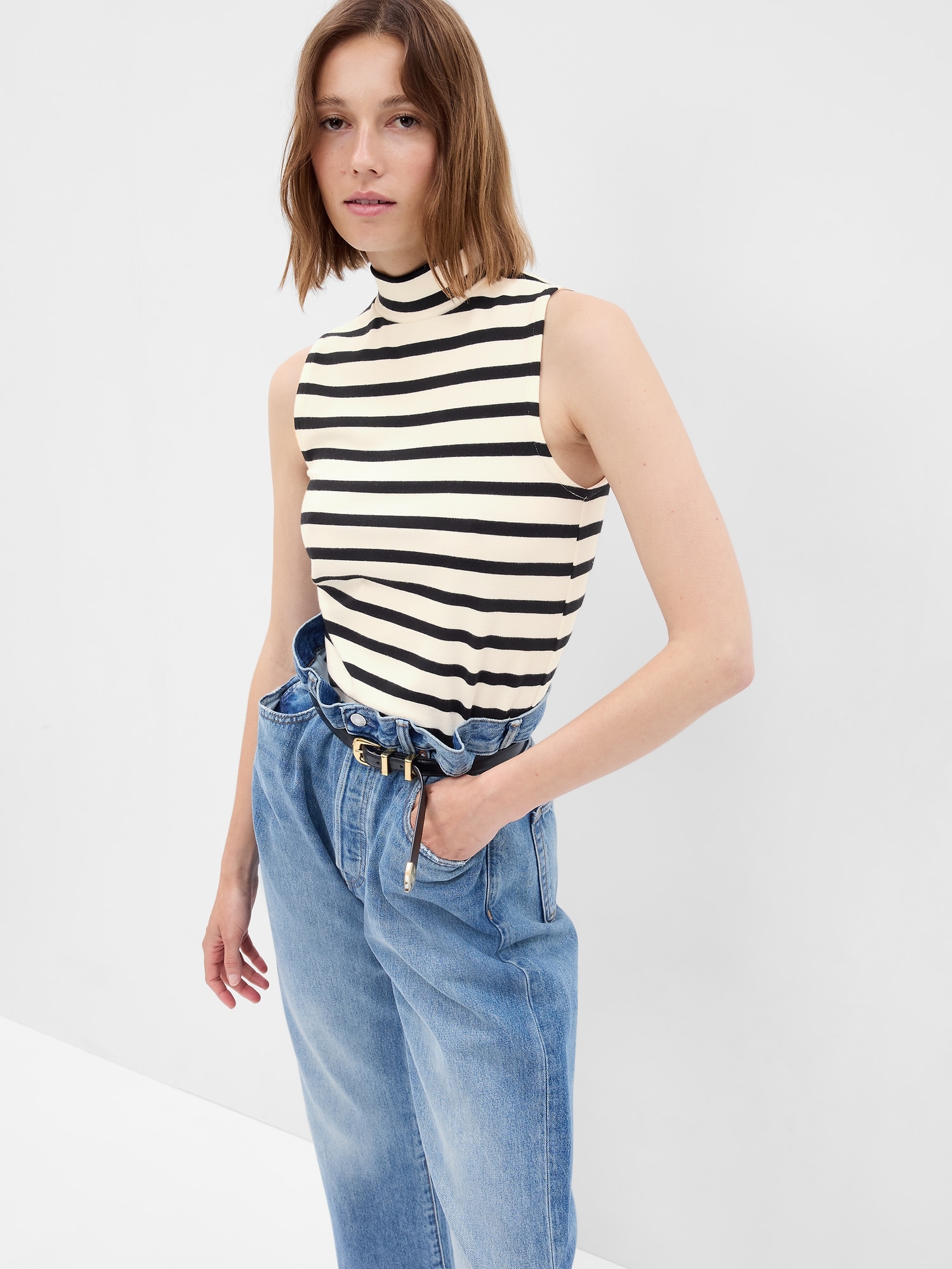 Gap Modern Mockneck Tank Top In Off White & Black Stripe