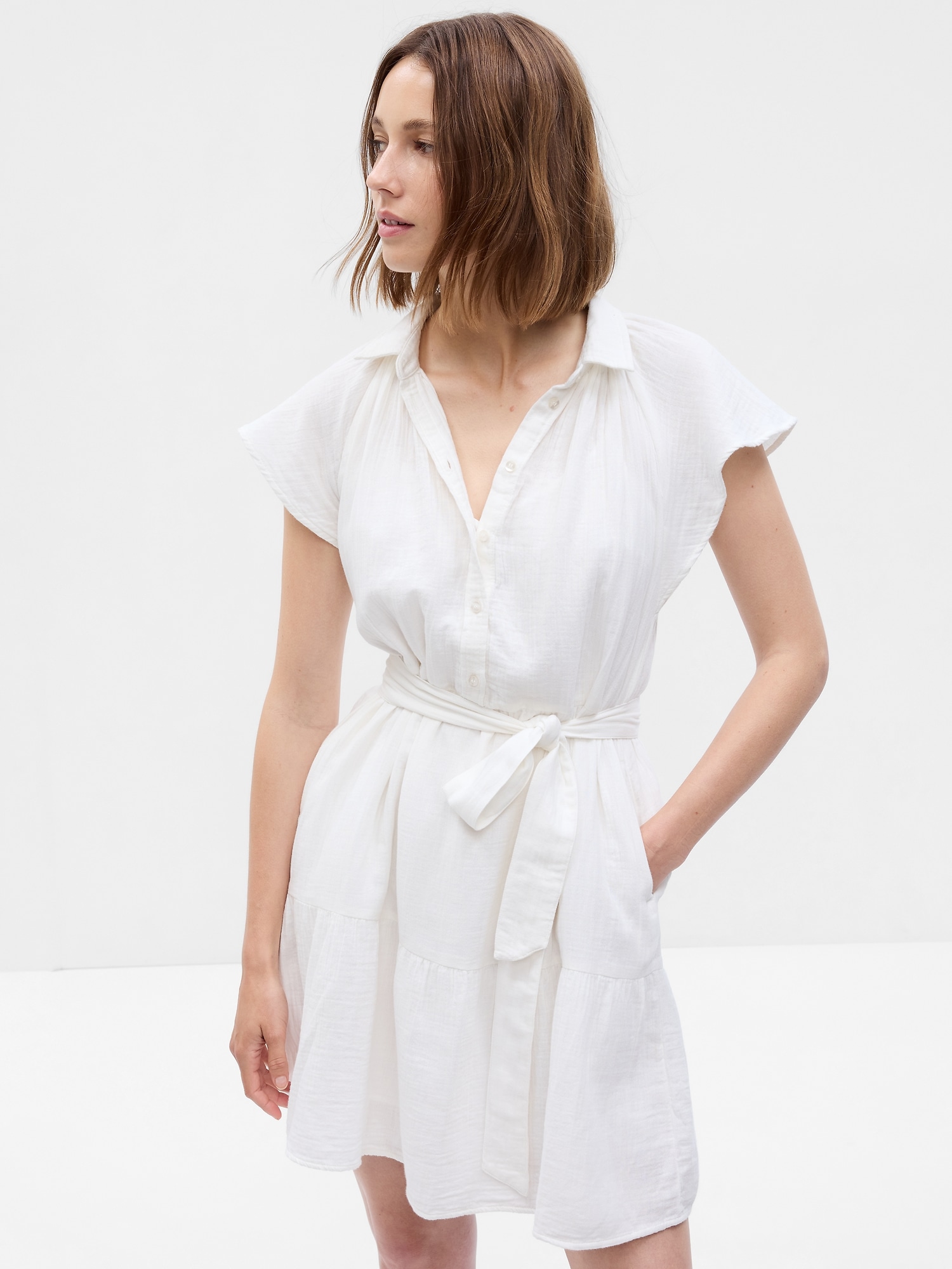 Crinkle Gauze Flutter Sleeve Mini Shirtdress
