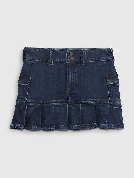 1 of 8 showing, with the color medium wash of product Kids Cotton Pleated Denim Cargo Skirt