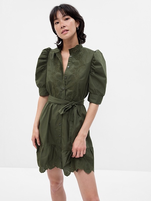 1 of 8 showing, with the color deep green of product Puff Sleeve Eyelet Mini Dress