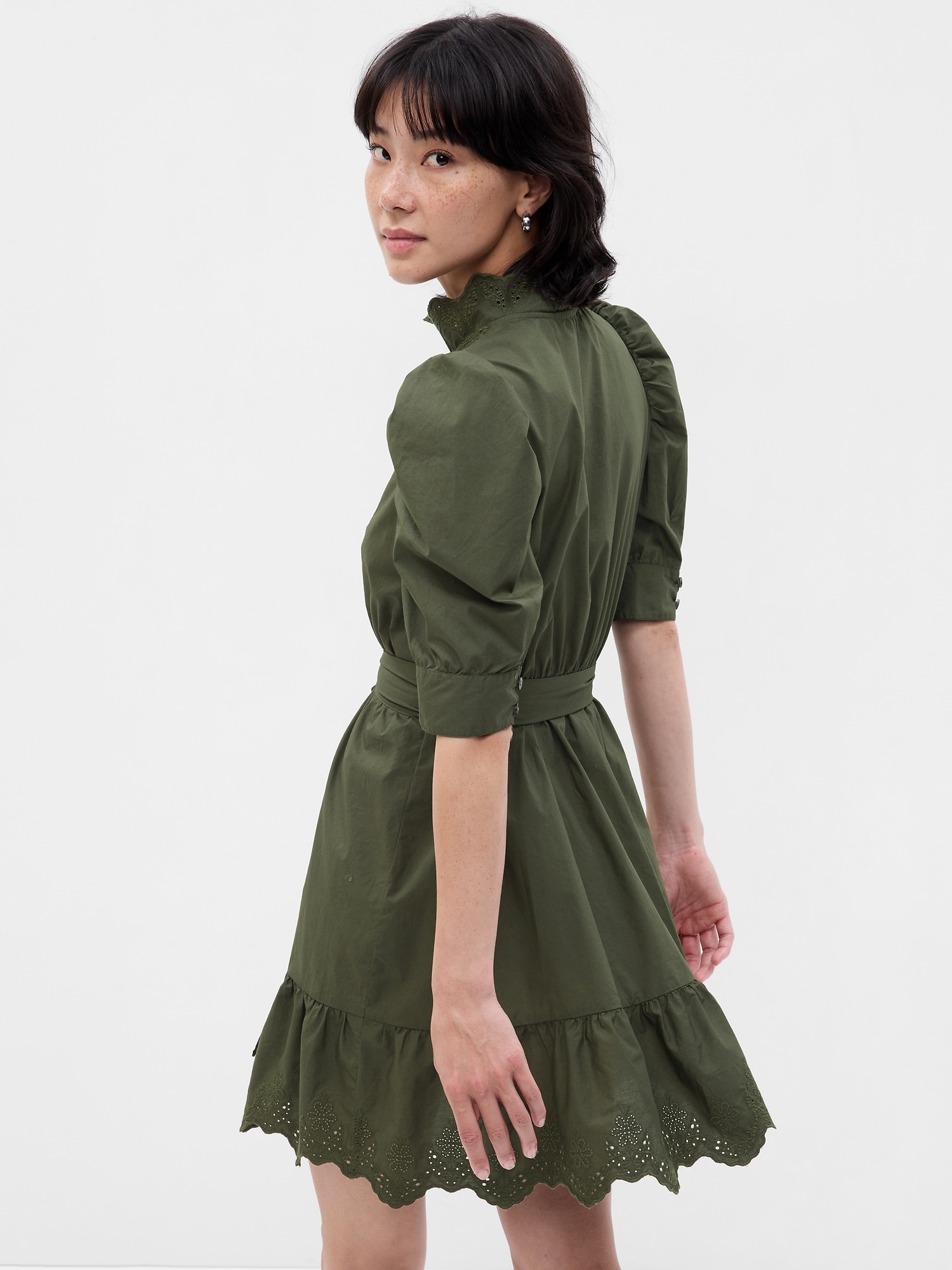 puff sleeve tie neck eyelet mini swing dress for women