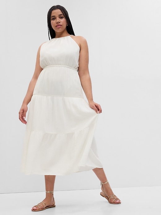 1 of 8 showing, with the color new off white of product Crinkle Gauze Halter Keyhole Tiered Maxi Dress