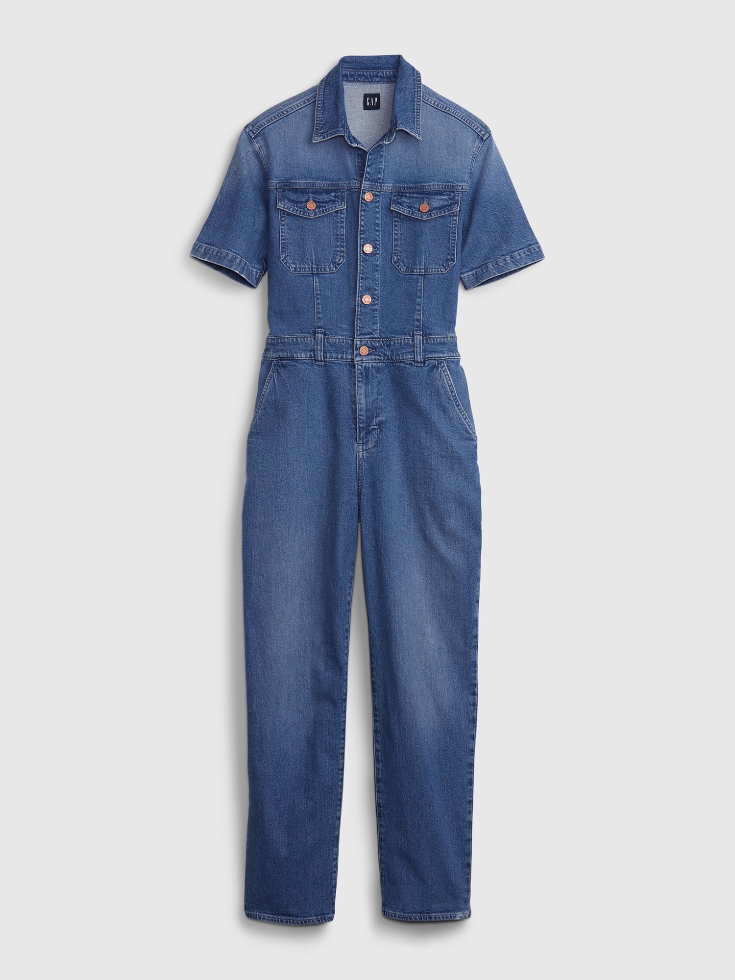 Short Sleeve Medium Wash Denim Jumpsuit