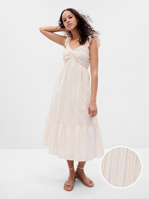 1 of 8 showing, with the color multi color stripe of product Ruched Tiered Midi Dress