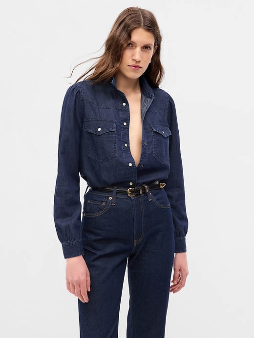 1 of 8 showing, with the color dark indigo of product Denim Western Shirt