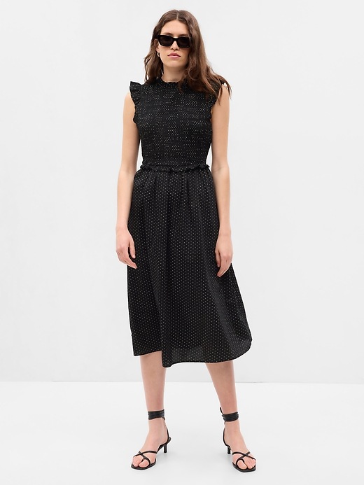 1 of 8 showing, with the color black & white polka dots of product Open-Back Smocked Midi Dress