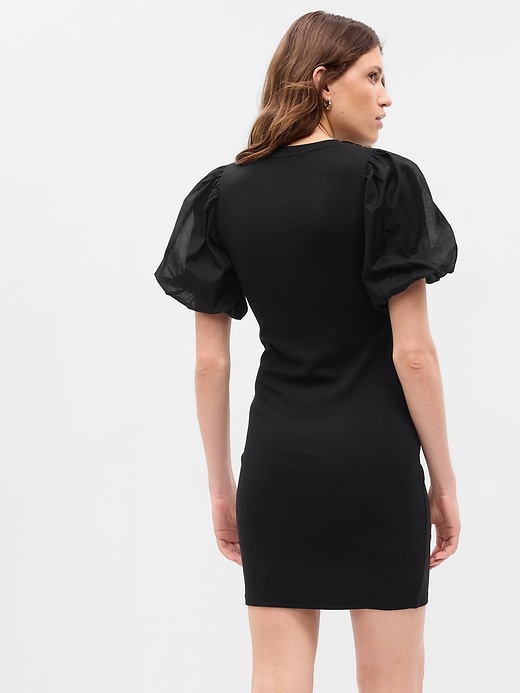 2 of 8 showing, with the color black of product Puff Sleeve Mixed Media Mini Dress