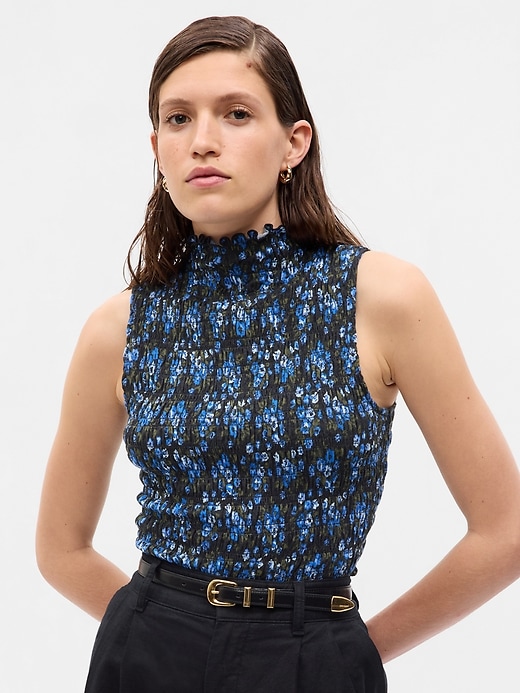 smocked mock neck top