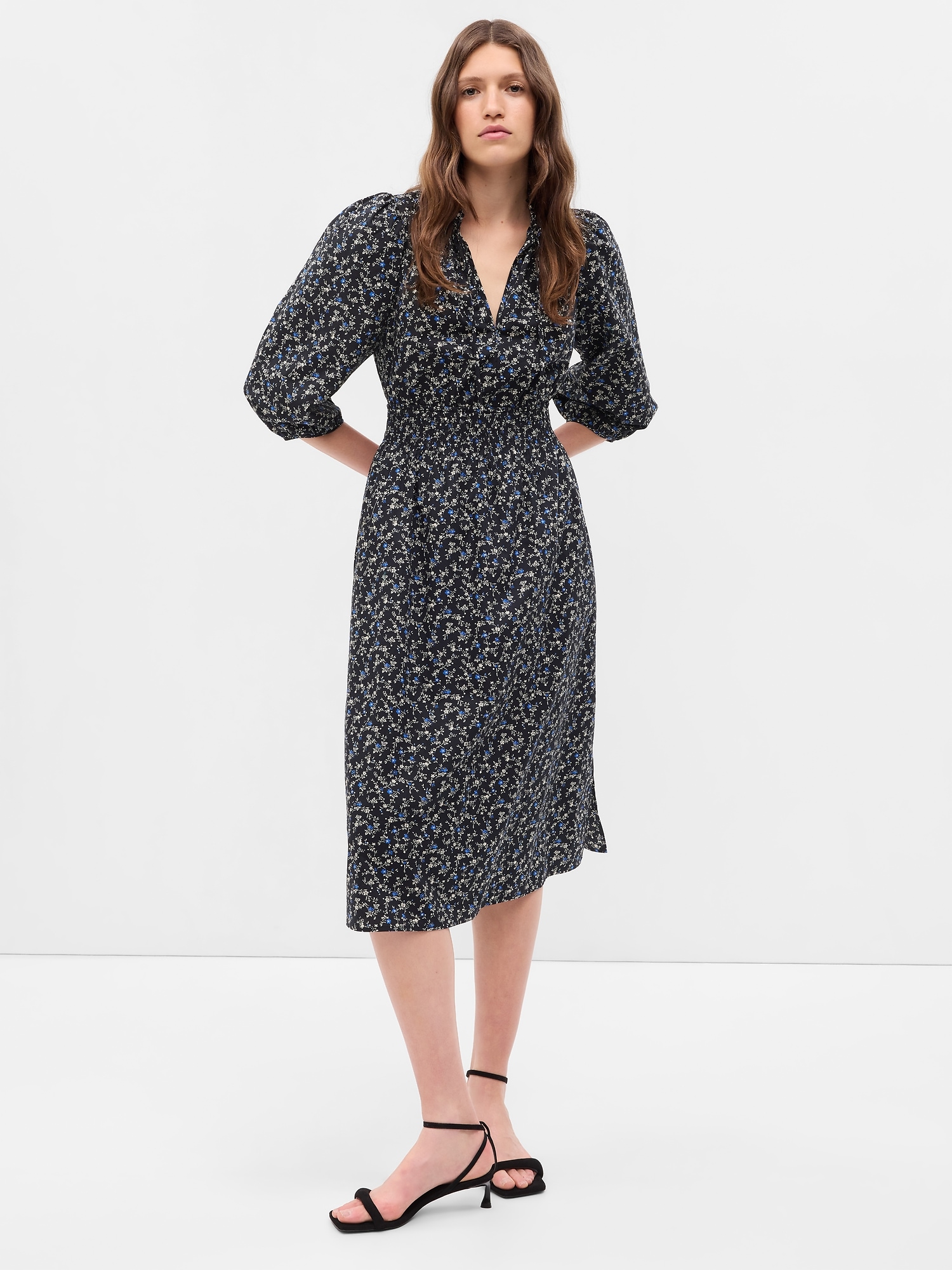 Puff Sleeve Smocked Midi Dress