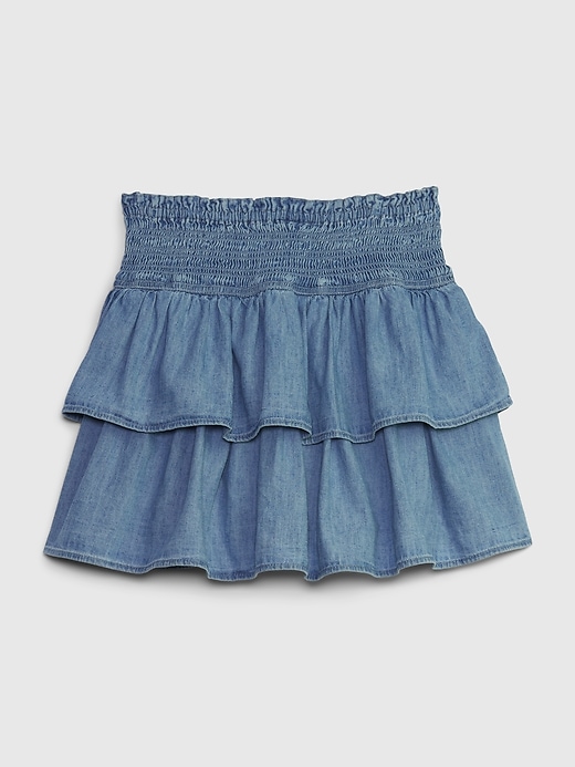 2 of 8 showing, with the color medium wash of product Kids Tiered Denim Skort
