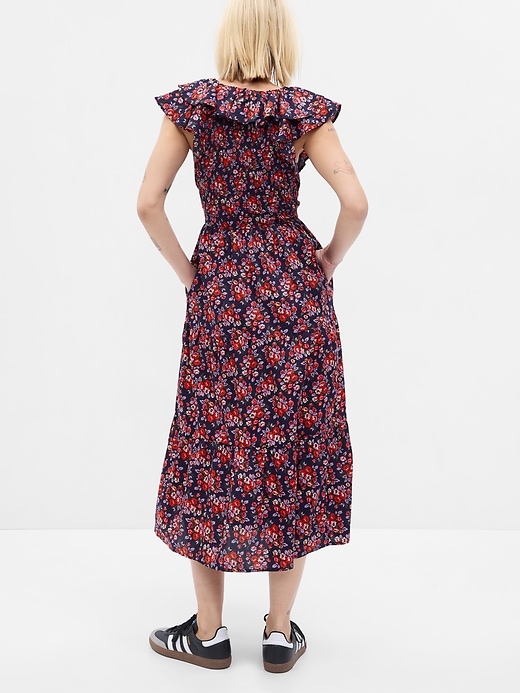 2 of 8 showing, with the color burgundy purple & red floral of product Flutter Sleeve Smocked Midi Dress