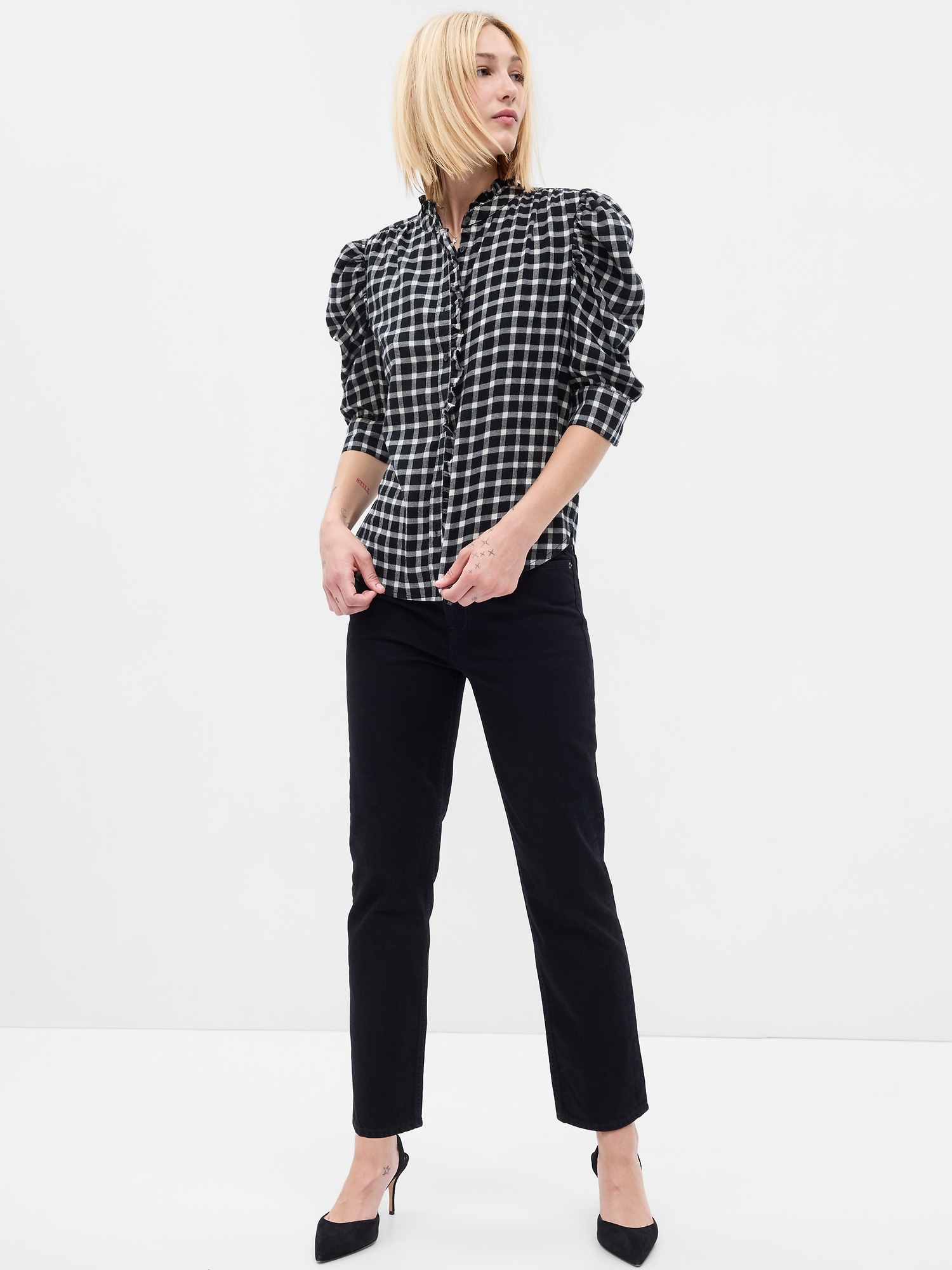 Gap Puff Sleeve Ruffle Shirt In Black White Plaid ModeSens
