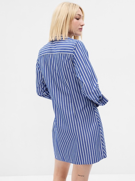 2 of 8 showing, with the color blue & white stripe of product Organic Cotton Ruched Mini Shirtdress