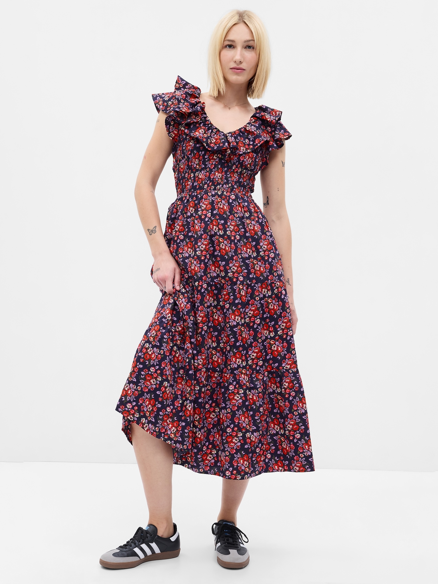 Flutter sleeve smocked midi dress gap