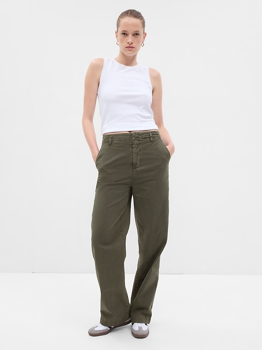 1 of 8 showing, with the color deep green of product Mid Rise Loose Khakis