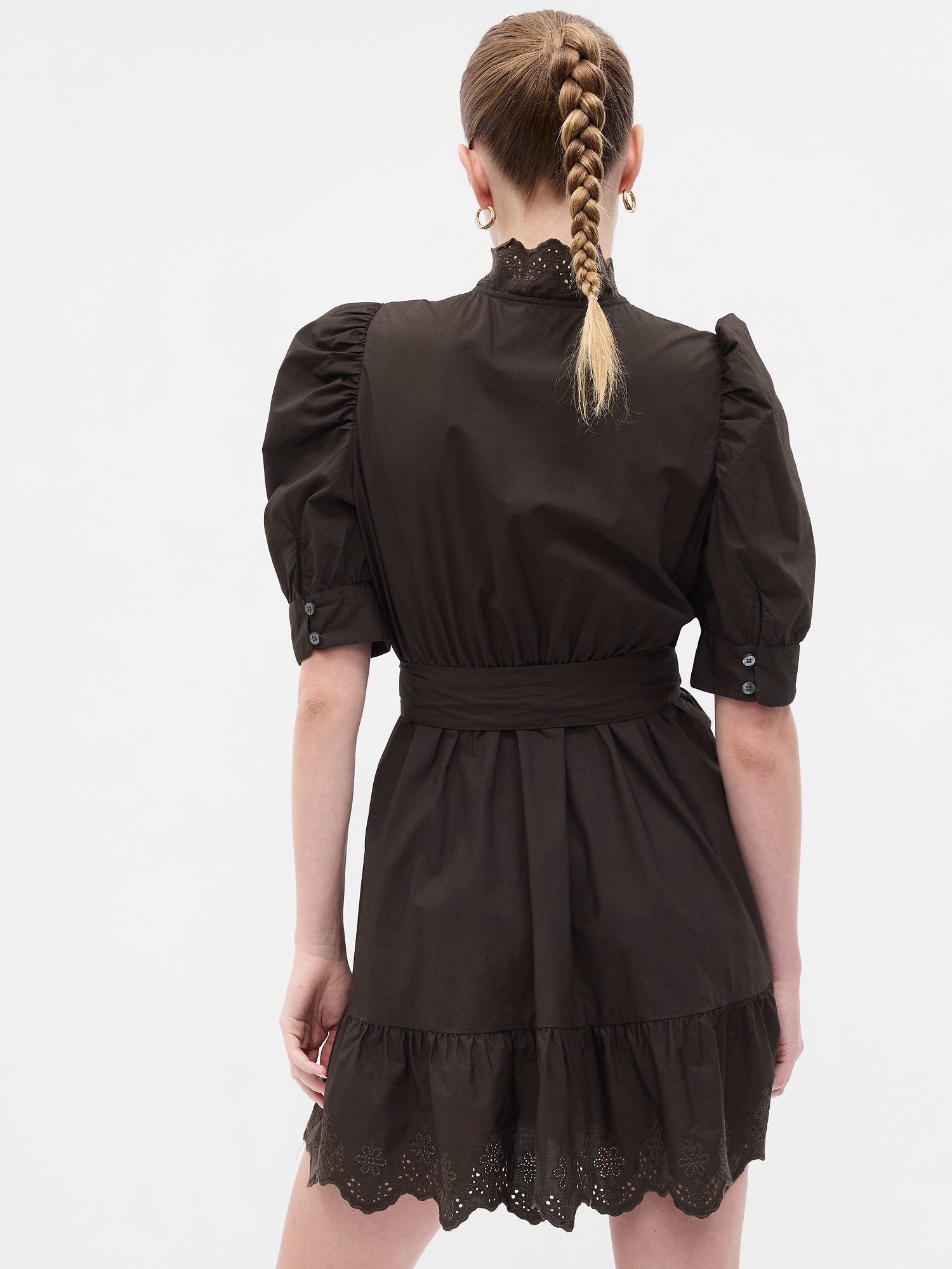 puff sleeve tie neck eyelet mini swing dress for women